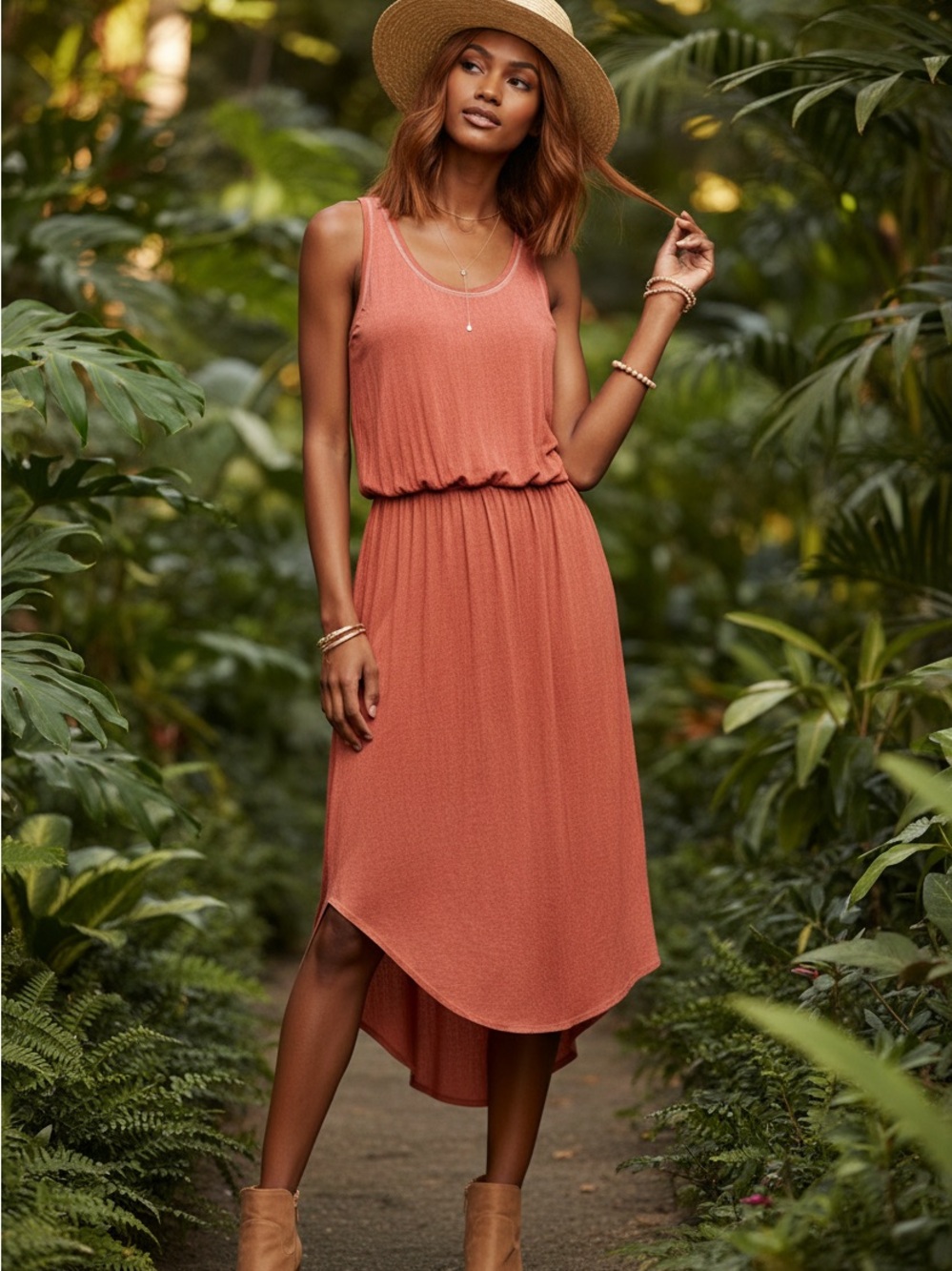 LA MIEL Sleeveless Rust-Orange Tank Midi Dress